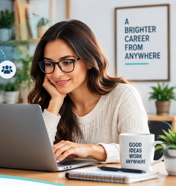 Professional working remotely on a laptop in a bright home office